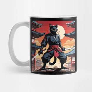 Obsidian Ninja: Black Cat Warrior in Fiery Red Attire Mug